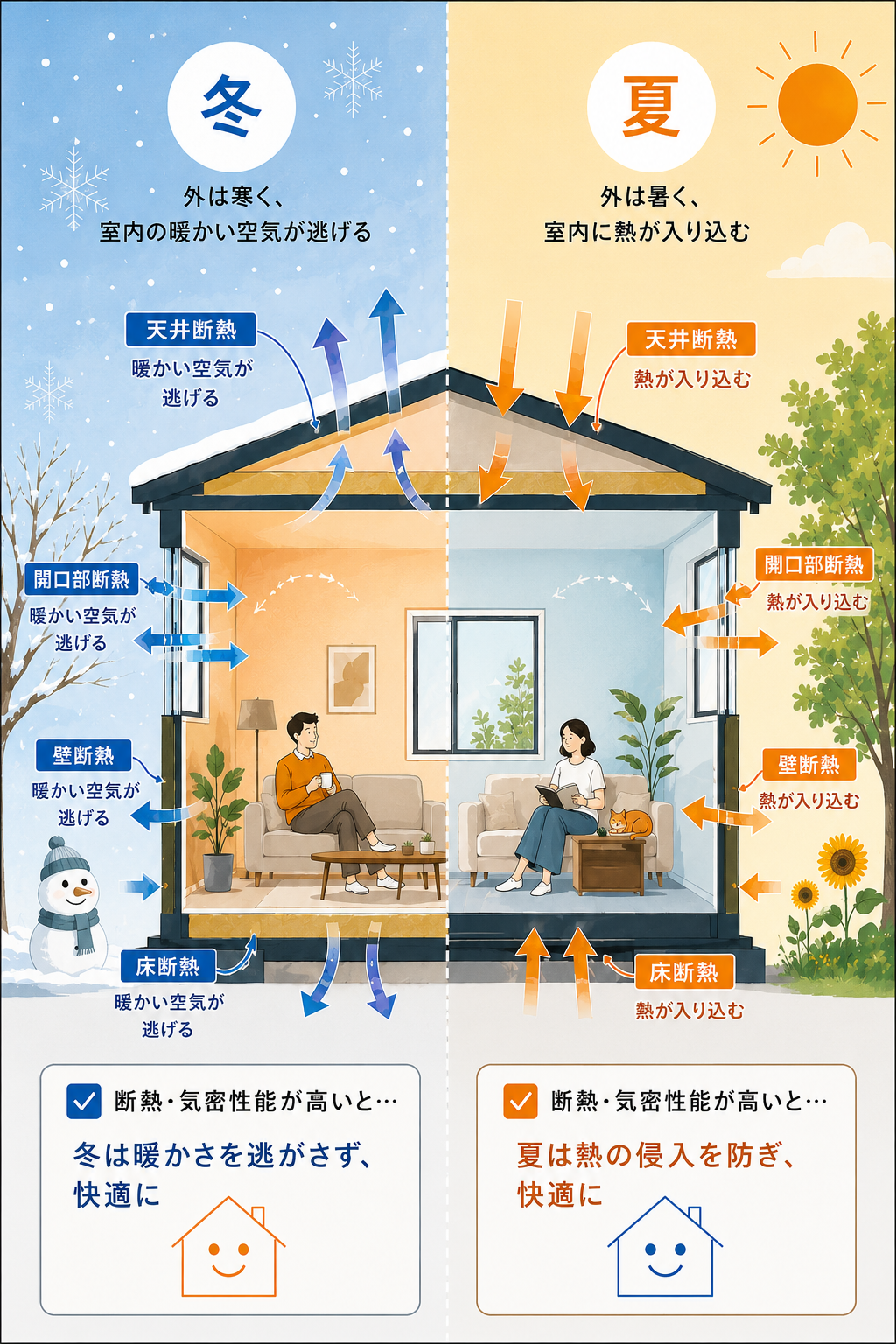 家の熱の出入り口（屋根・壁・床・窓）のイメージ
