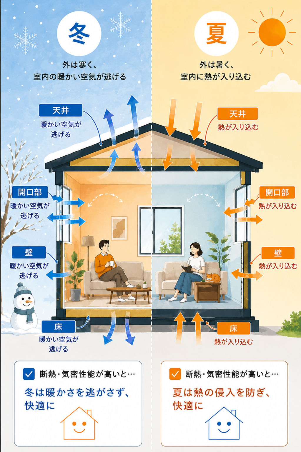 家の熱の出入り口（屋根・壁・床・窓）のイメージ
