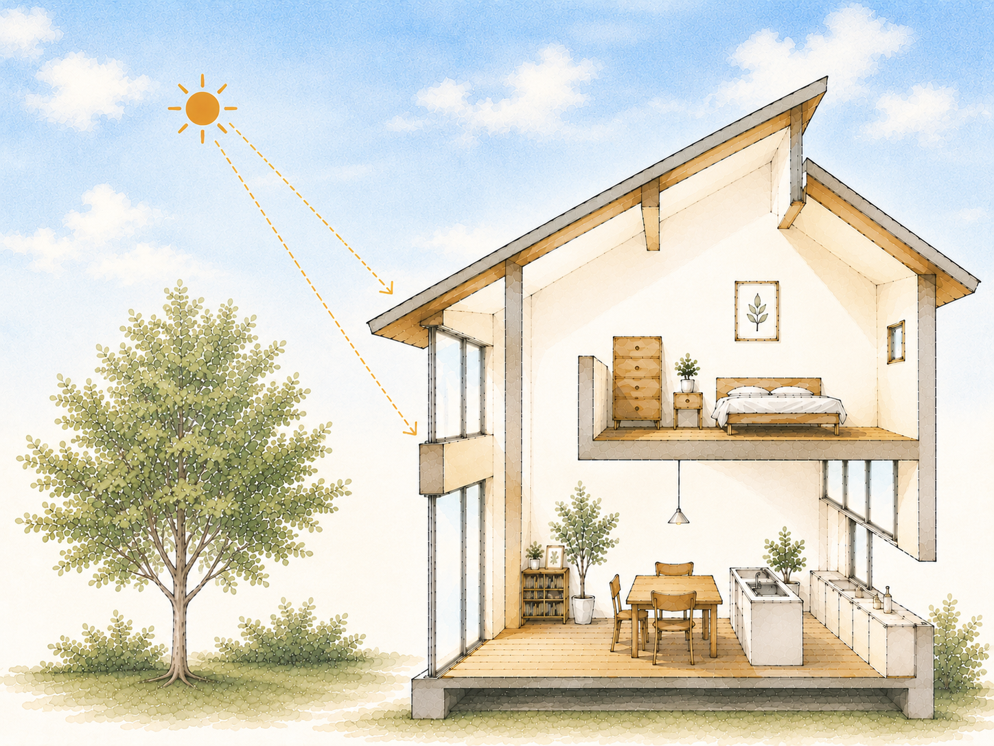夏の強い日差しを軒が遮るイメージ